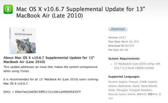 Apple rilascia un aggiornamento di Mac OS 10.6.7 dedicato ai MacBook Air