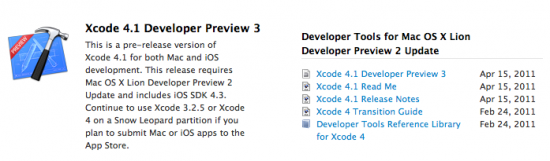 La nuova versione di Xcode 4.1 fa riferimento alla futura Preview 3 di Lion