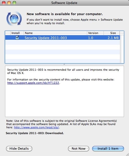 Mac Security Update 2011-003 disponibile per il download
