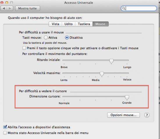 Come modificare la dimensione del cursore mouse in Lion