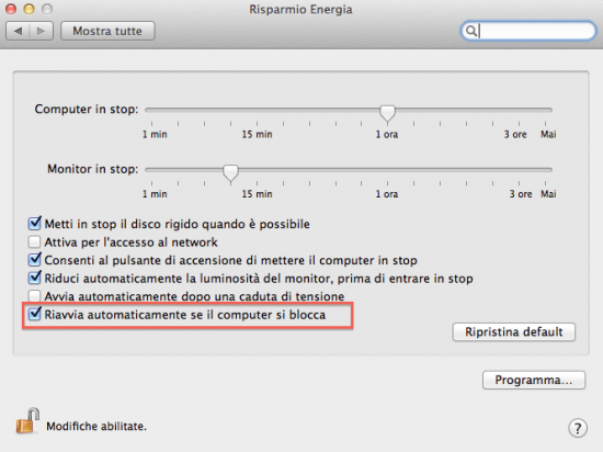 Lion: impostare il riavvio automatico in caso di crash