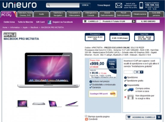 UniEuro: disponibili 50 MacBook PRO 13.3″ con sconto di 150 € sul prezzo – Acquisto solo online