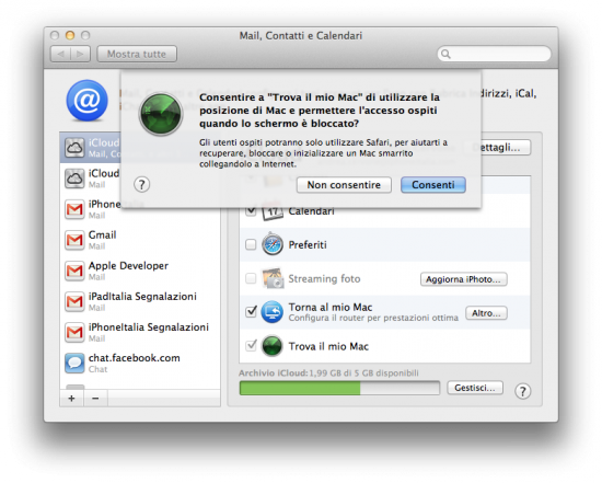 In OS X Lion 10.7.2 è attivo “Trova il mio Mac”