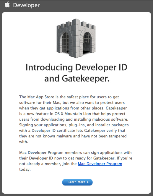 Apple manda un’email agli sviluppatori in vista dell’introduzione del Developer ID e del Gatekeeper