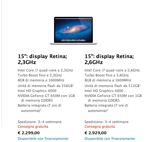 Sale a 3-4 settimane la disponibilità dei nuovi MacBook Pro da 15″