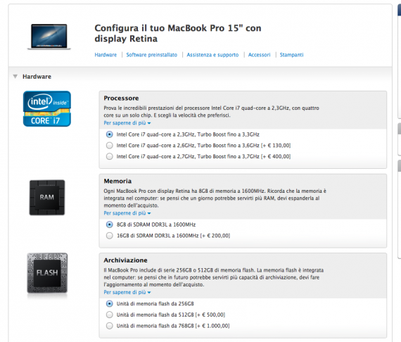 Nuove opzioni di configurazione per i MacBook Pro Retina