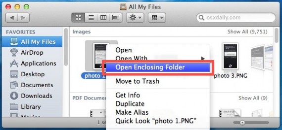 Come aprire il “File Enclosing Folder” in Tutti i miei documenti su OS X