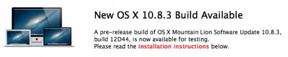 Apple rilascia OS X 10.8.3 build 12D44 agli sviluppatori