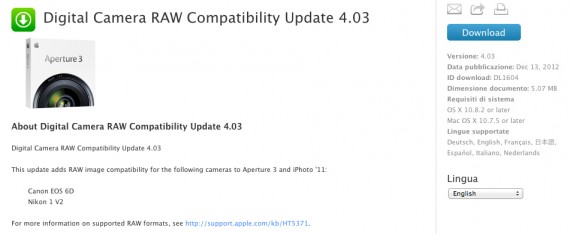 Aggiornamento di compatibilità RAW per fotocamere 4.03