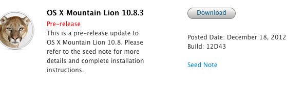 Apple invia OS X 10.8.3 build 12D43 agli sviluppatori