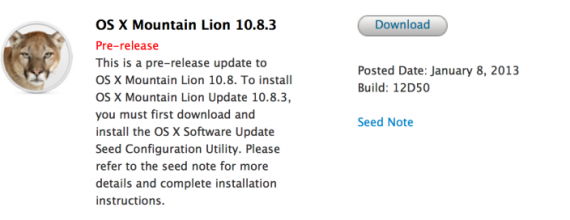 Apple invia OS X Mountain Lion 10.8.3 build 12D50 agli sviluppatori