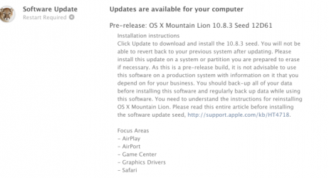 Apple invia OS X 10.8.3 (build 12D61) agli sviluppatori