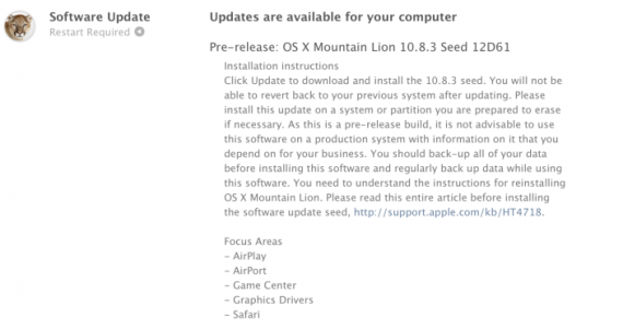 Apple invia OS X 10.8.3 (build 12D61) agli sviluppatori
