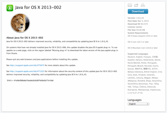 Apple rilascia l’update 2013-002 OS X per Java