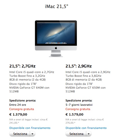 iMac da 21,5 pollici disponibili in 24 ore su Apple Store Online