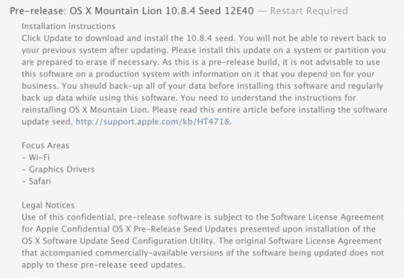 Apple invia OS X 10.8.4 build 12E40 agli sviluppatori