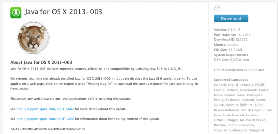 Apple rilascia l’update 2013-003 OS X per Java