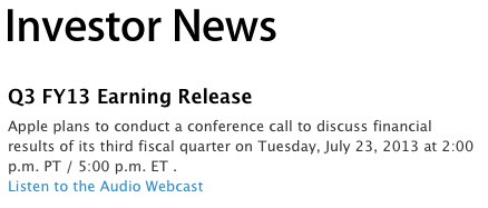 Apple: la conferenza finanziaria si terrà il 23 luglio