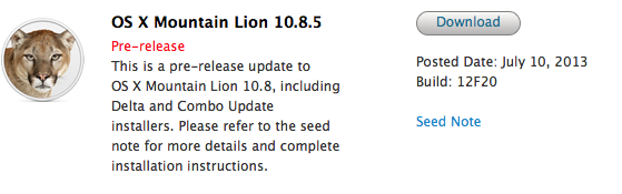 Apple invia una nuova beta di OS X Mountain Lion 10.8.5 agli sviluppatori