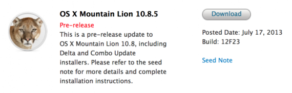 Apple invia OS X Mountain Lion 10.8.5 build 12F23 agli sviluppatori
