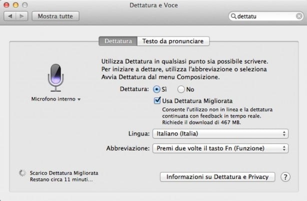 Su Mavericks la dettatura vocale funziona anche offline