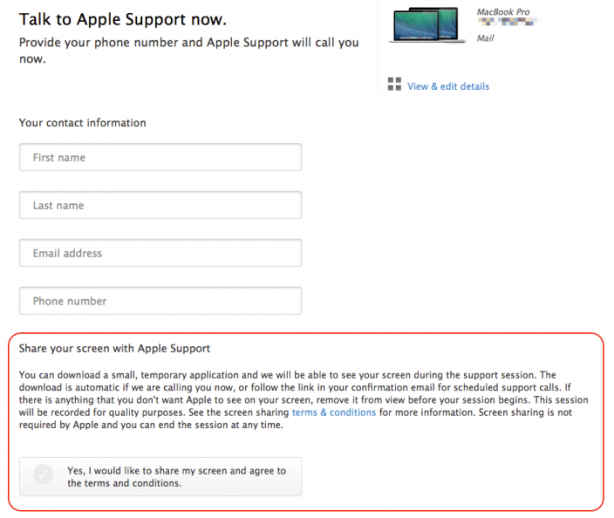 Apple supporta lo screen-sharing sul proprio sito di supporto