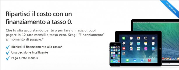 Apple attiva il finanziamento a tasso zero fino al 14 gennaio 2014