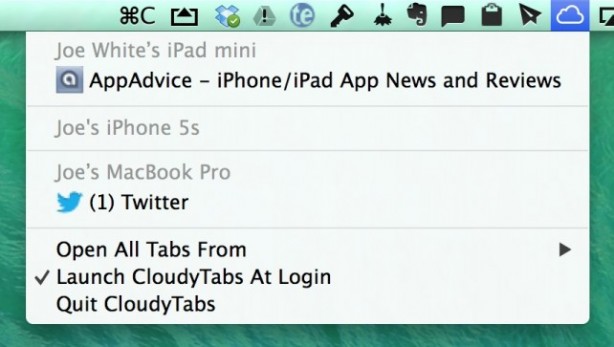 CloudyTabs: i tab di iCloud sulla barra dei menu su Mac