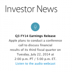 I risultati fiscali del Q3 2014 di Apple saranno pubblicati il 22 Luglio
