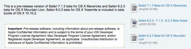 Apple rilascia agli sviluppatori le beta di Safari 6.2.3, 7.1.3 e 8.0.3