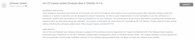 Apple rilascia la beta 5 di OS X 10.11.6