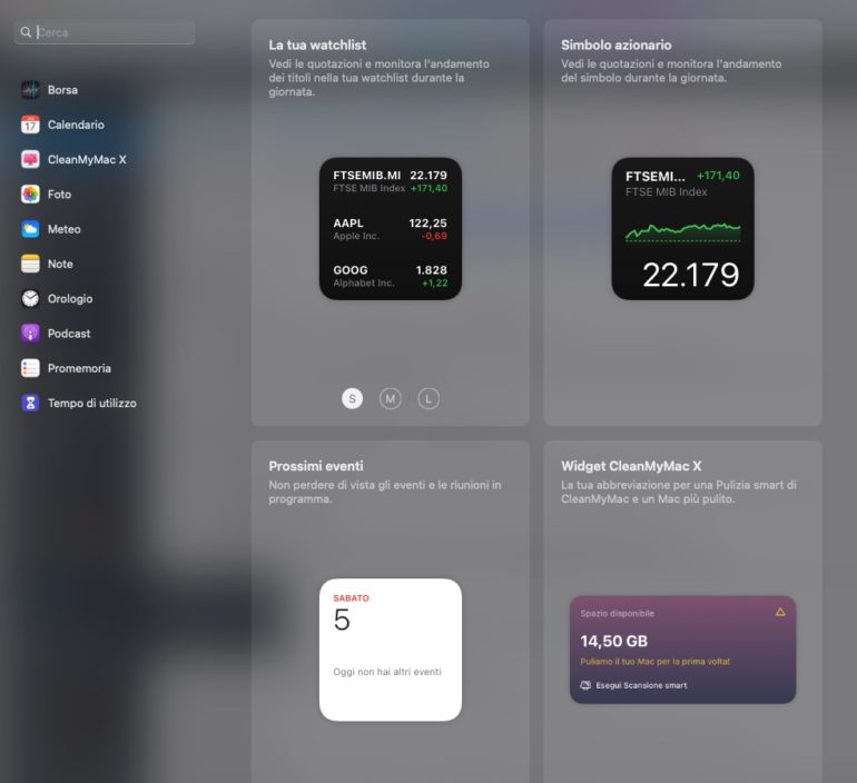 aggiungere widget macos big sur