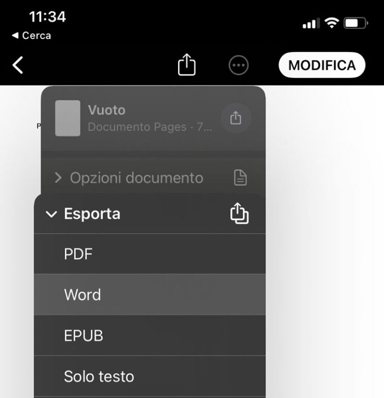 esportare file pages in word docx su iphone