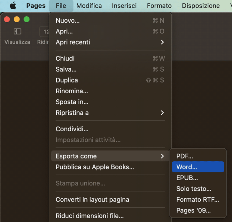 esportare file pages in word docx su pages mac