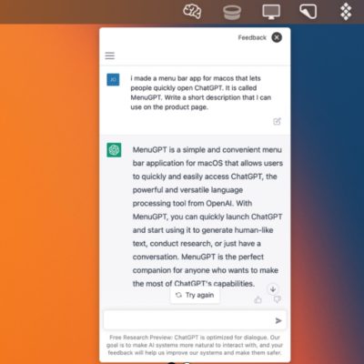 ChatGPT nella barra menu del Mac grazie a MacGPT