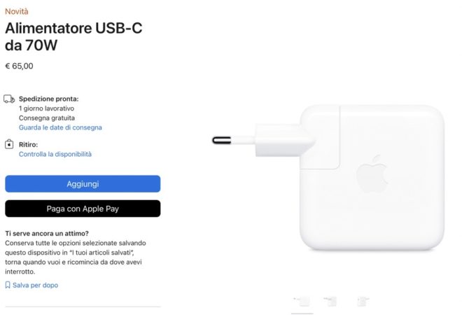 Apple rilascia un nuovo alimentatore USB-C da 70W